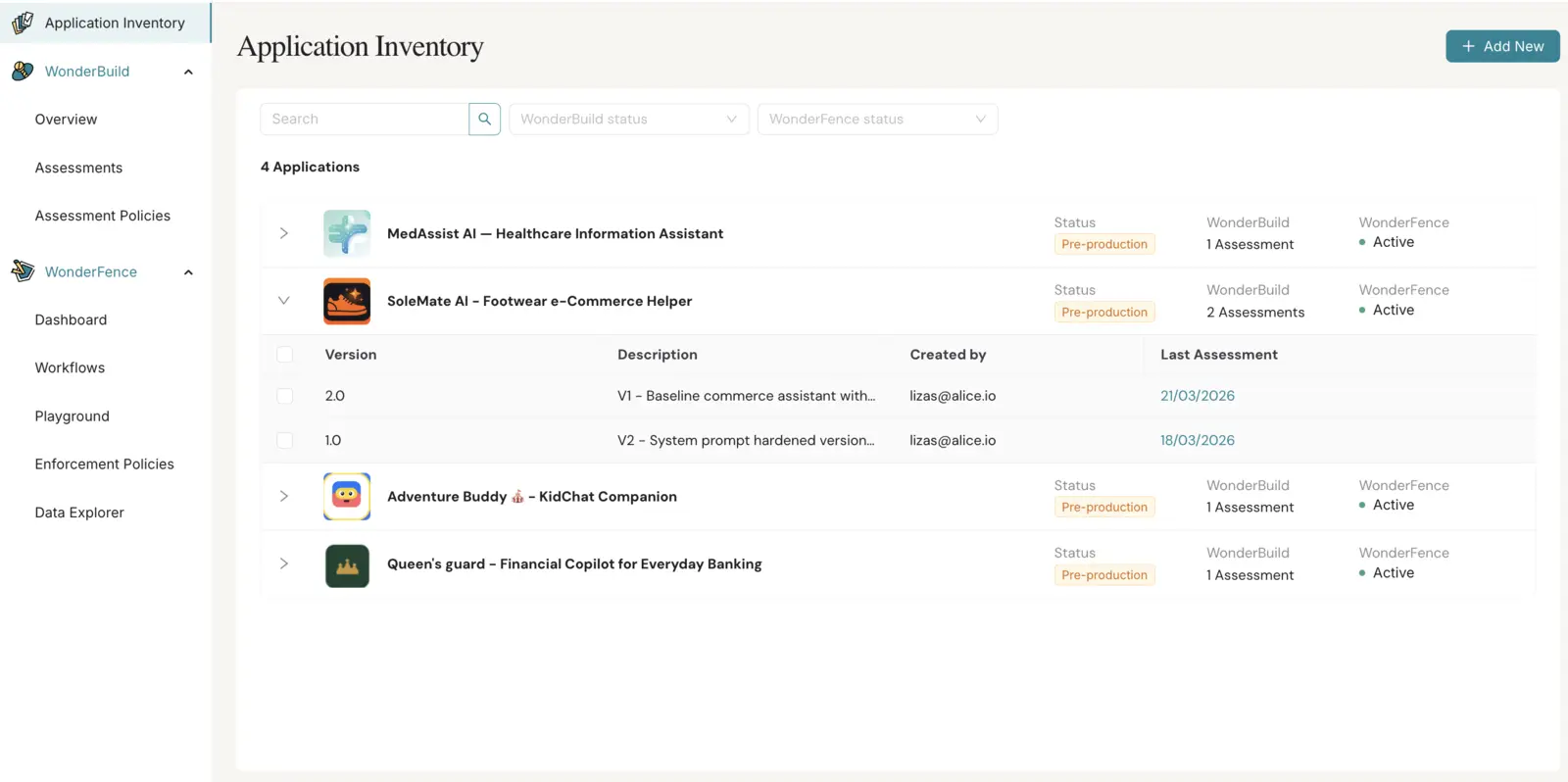 Application Inventory page