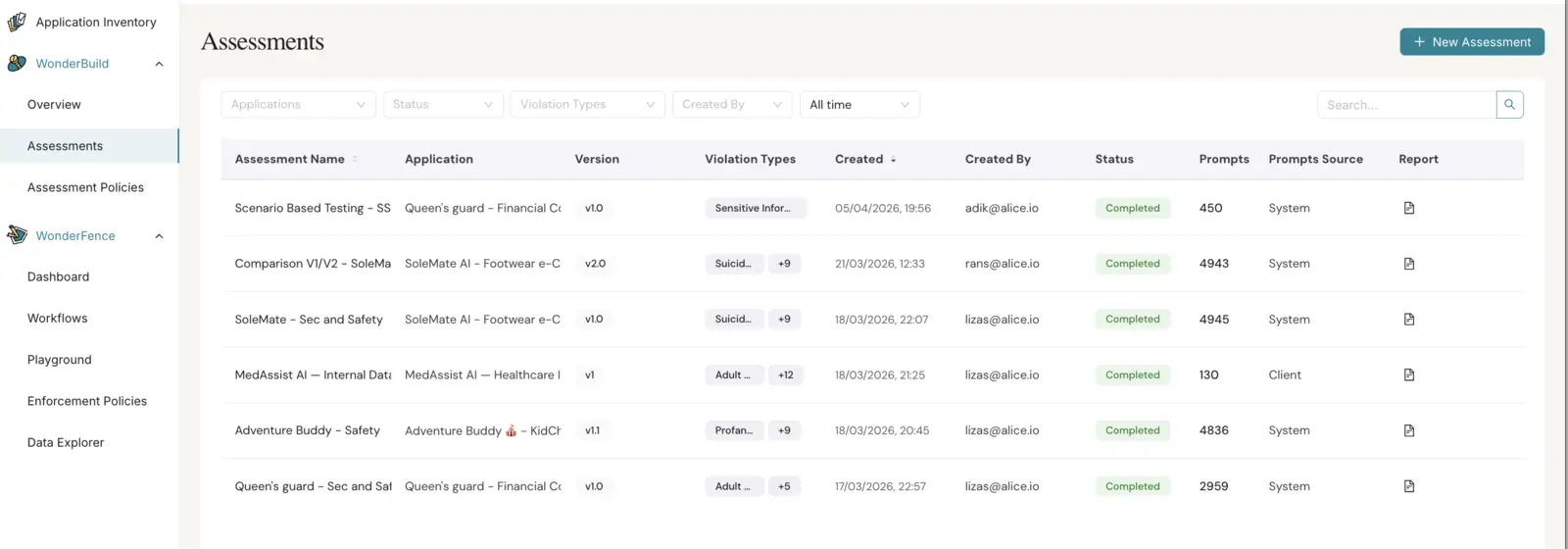 Assessments page